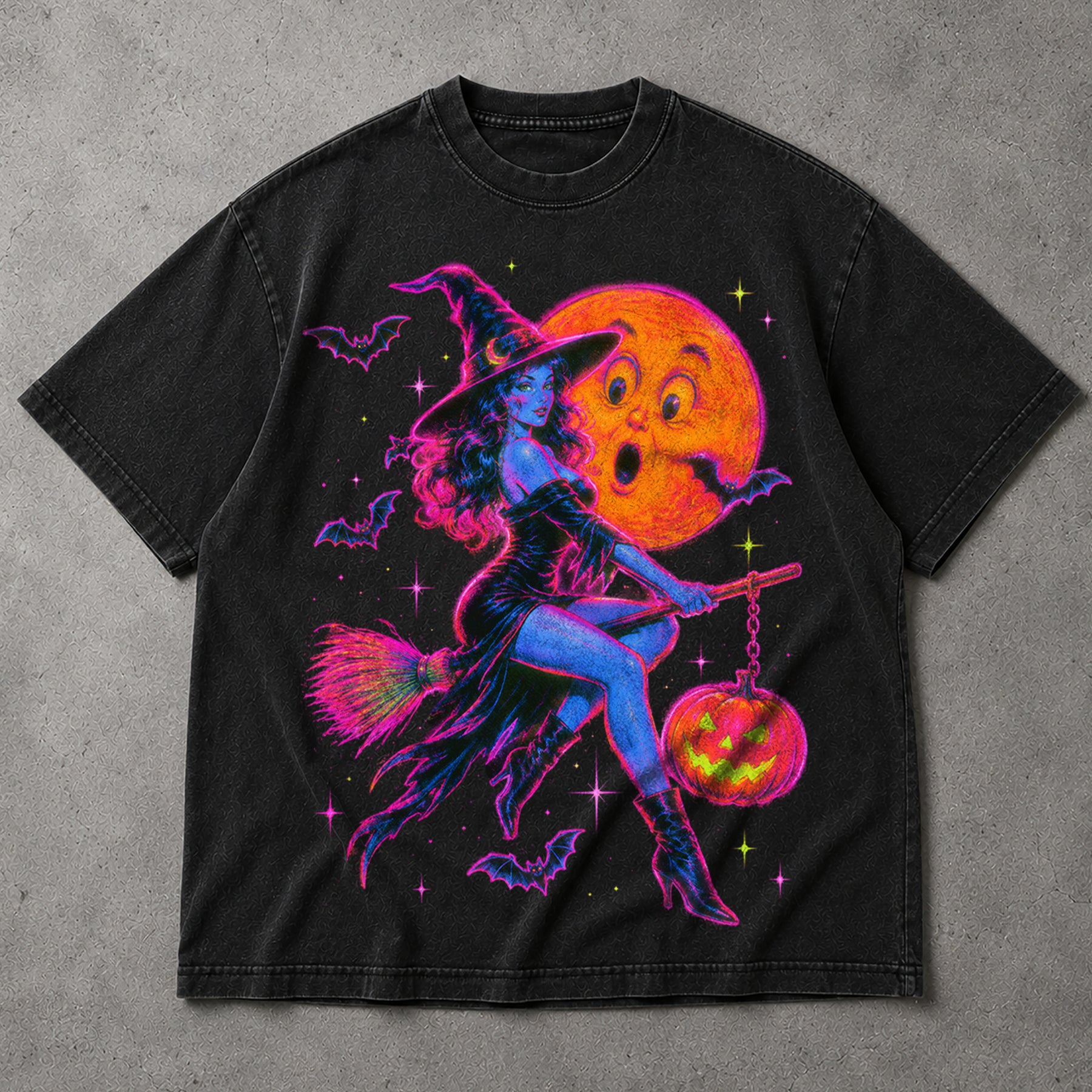 SF_COLOR=black; SF_ITEM=adult-t-shirt; SF_ROLE=main; Neon Witch Riding Broom T-Shirt Vintage Funny Moon Face Halloween Spooky Tee - Black Adult T-Shirt product image
