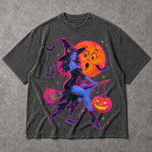 SF_COLOR=dark-heather; SF_ITEM=adult-t-shirt; SF_ROLE=main; Neon Witch Riding Broom T-Shirt Vintage Funny Moon Face Halloween Spooky Tee - Dark Heather Adult T-Shirt product image