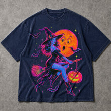 SF_COLOR=navy; SF_ITEM=adult-t-shirt; SF_ROLE=main; Neon Witch Riding Broom T-Shirt Vintage Funny Moon Face Halloween Spooky Tee - Navy Adult T-Shirt product image