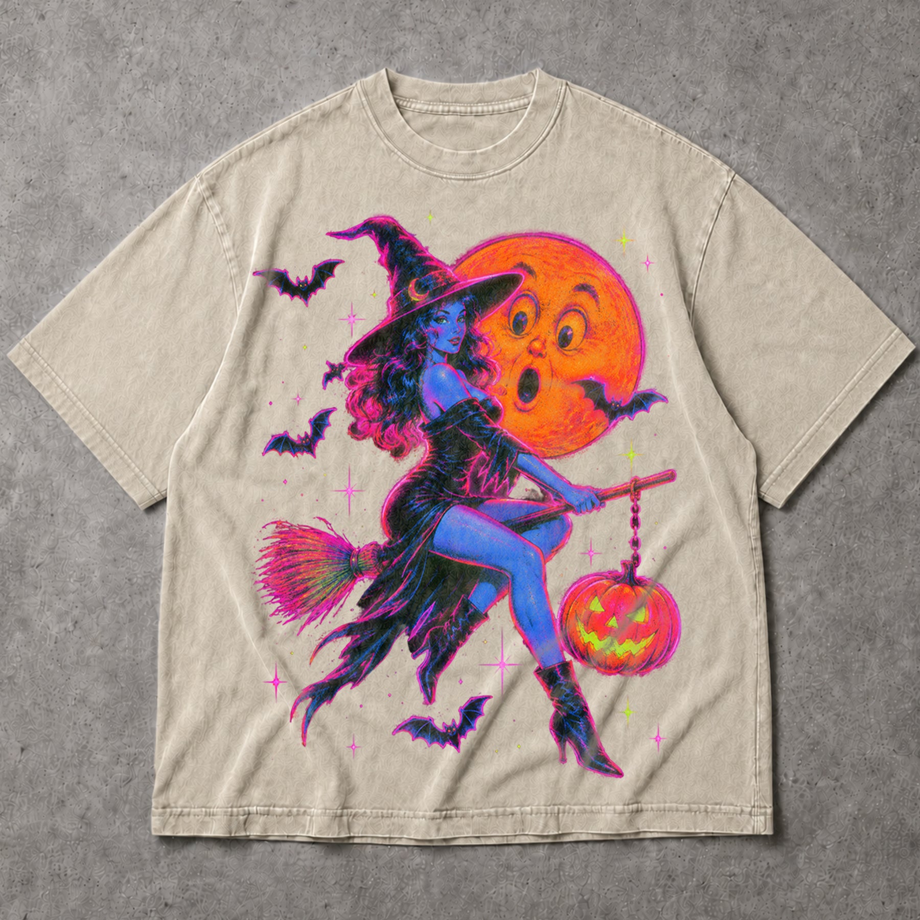 SF_COLOR=sand; SF_ITEM=adult-t-shirt; SF_ROLE=main; Neon Witch Riding Broom T-Shirt Vintage Funny Moon Face Halloween Spooky Tee - Sand Adult T-Shirt product image