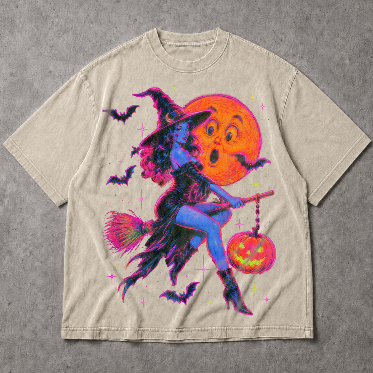 SF_COLOR=sand; SF_ITEM=adult-t-shirt; SF_ROLE=main; Neon Witch Riding Broom T-Shirt Vintage Funny Moon Face Halloween Spooky Tee - Sand Adult T-Shirt product image
