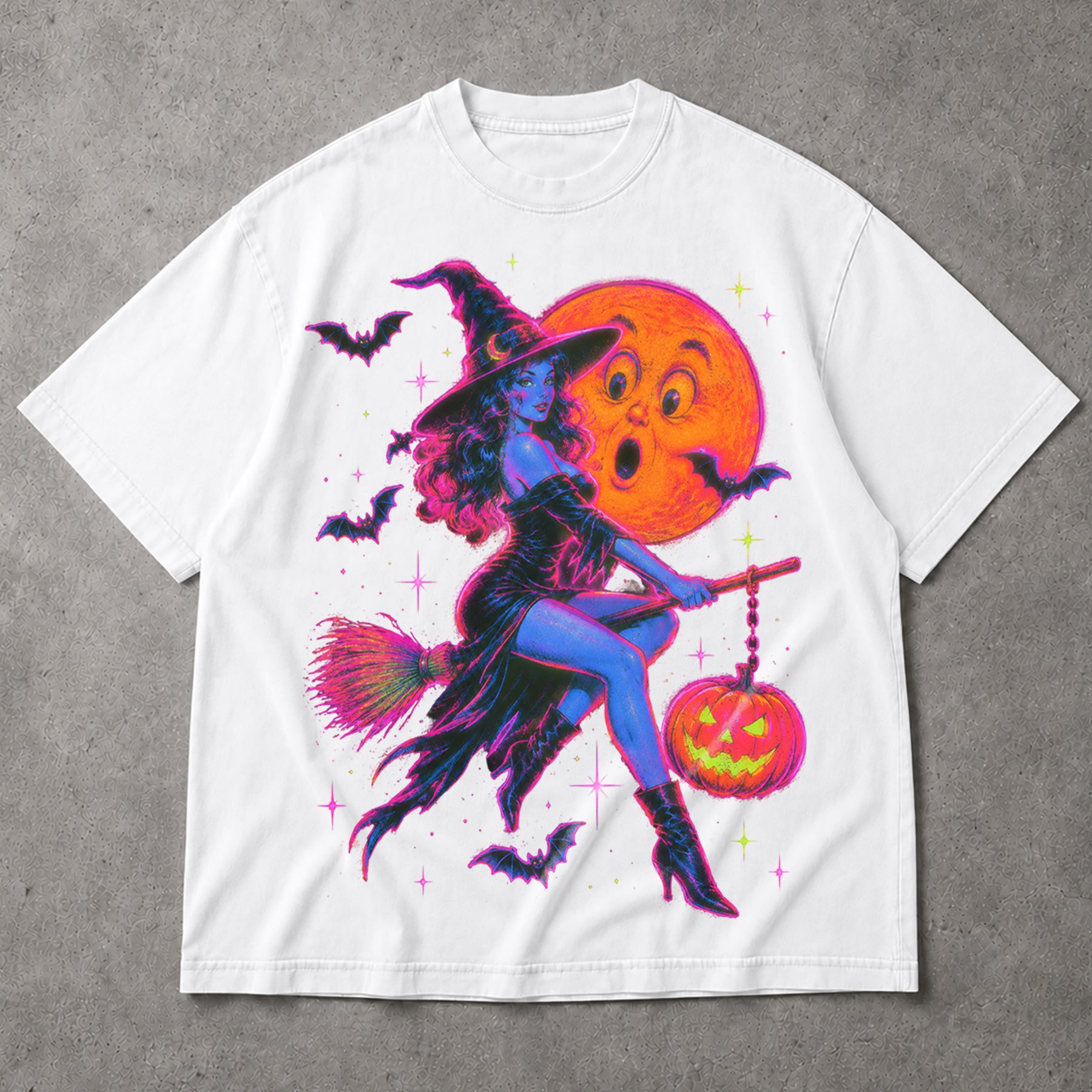 SF_COLOR=white; SF_ITEM=adult-t-shirt; SF_ROLE=main; Neon Witch Riding Broom T-Shirt Vintage Funny Moon Face Halloween Spooky Tee - White Adult T-Shirt product image