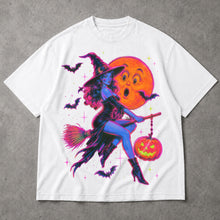 SF_COLOR=white; SF_ITEM=adult-t-shirt; SF_ROLE=main; Neon Witch Riding Broom T-Shirt Vintage Funny Moon Face Halloween Spooky Tee - White Adult T-Shirt product image