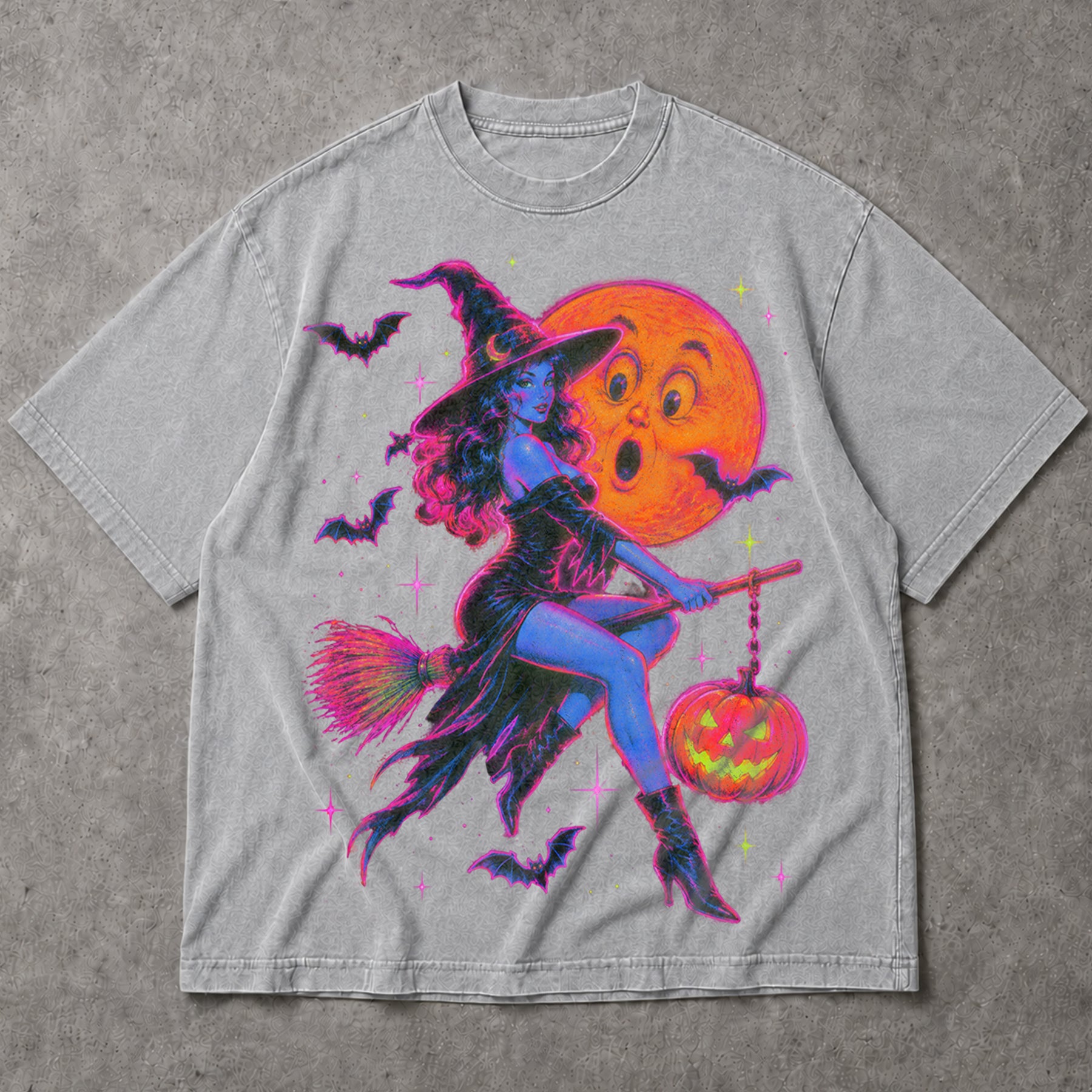 SF_COLOR=sport-grey; SF_ITEM=adult-t-shirt; SF_ROLE=main; Neon Witch Riding Broom T-Shirt Vintage Funny Moon Face Halloween Spooky Tee - Sport Grey Adult T-Shirt product image