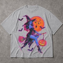 SF_COLOR=sport-grey; SF_ITEM=adult-t-shirt; SF_ROLE=main; Neon Witch Riding Broom T-Shirt Vintage Funny Moon Face Halloween Spooky Tee - Sport Grey Adult T-Shirt product image
