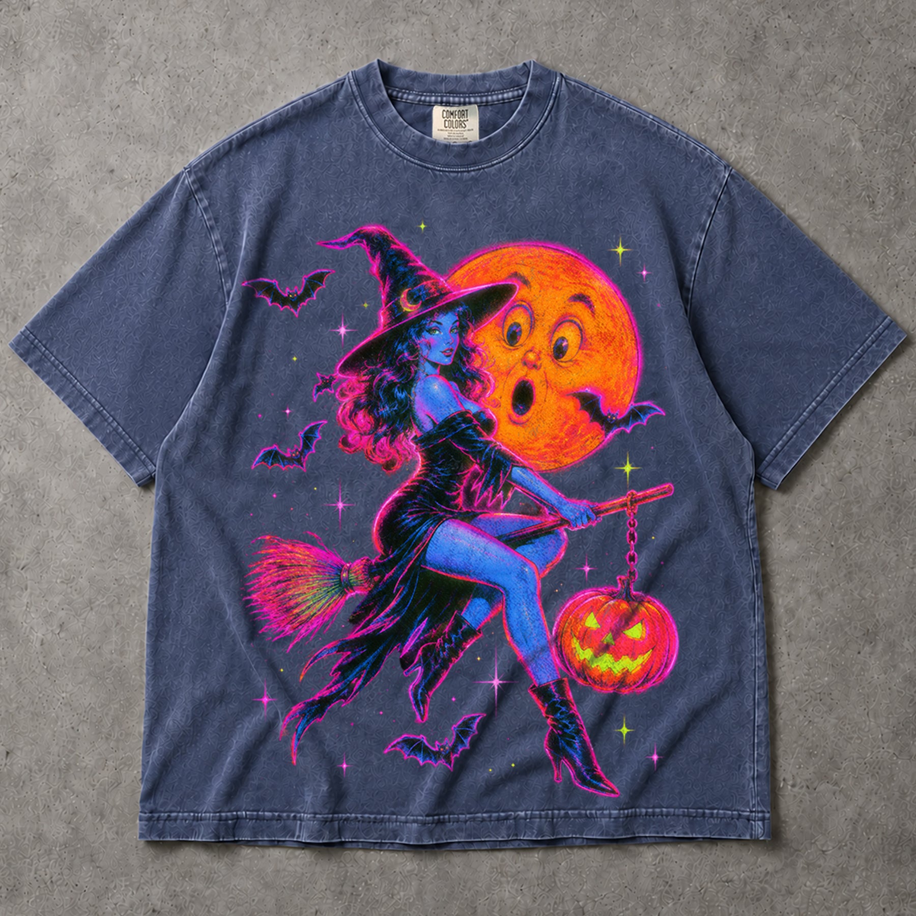 SF_COLOR=sport-grey|denim; SF_ITEM=adult-t-shirt; SF_ROLE=main; Neon Witch Riding Broom T-Shirt Vintage Funny Moon Face Halloween Spooky Tee - Sport Grey, Denim Adult T-Shirt product image