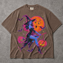 SF_COLOR=sport-grey|espresso; SF_ITEM=adult-t-shirt; SF_ROLE=main; Neon Witch Riding Broom T-Shirt Vintage Funny Moon Face Halloween Spooky Tee - Sport Grey, Espresso Adult T-Shirt product image