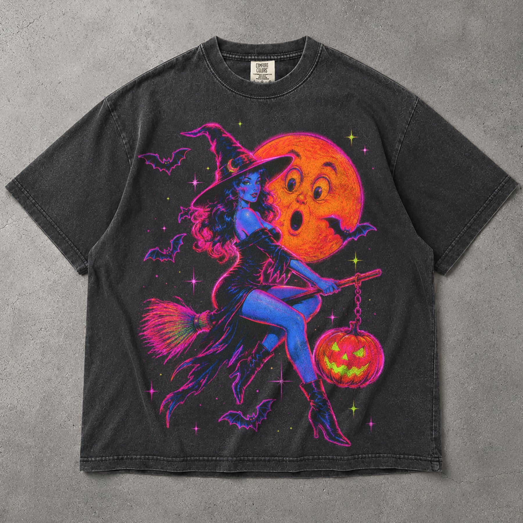 SF_COLOR=graphite; SF_ITEM=adult-t-shirt; SF_ROLE=main; Neon Witch Riding Broom T-Shirt Vintage Funny Moon Face Halloween Spooky Tee - Graphite Adult T-Shirt product image