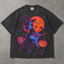 SF_COLOR=graphite; SF_ITEM=adult-t-shirt; SF_ROLE=main; Neon Witch Riding Broom T-Shirt Vintage Funny Moon Face Halloween Spooky Tee - Graphite Adult T-Shirt product image