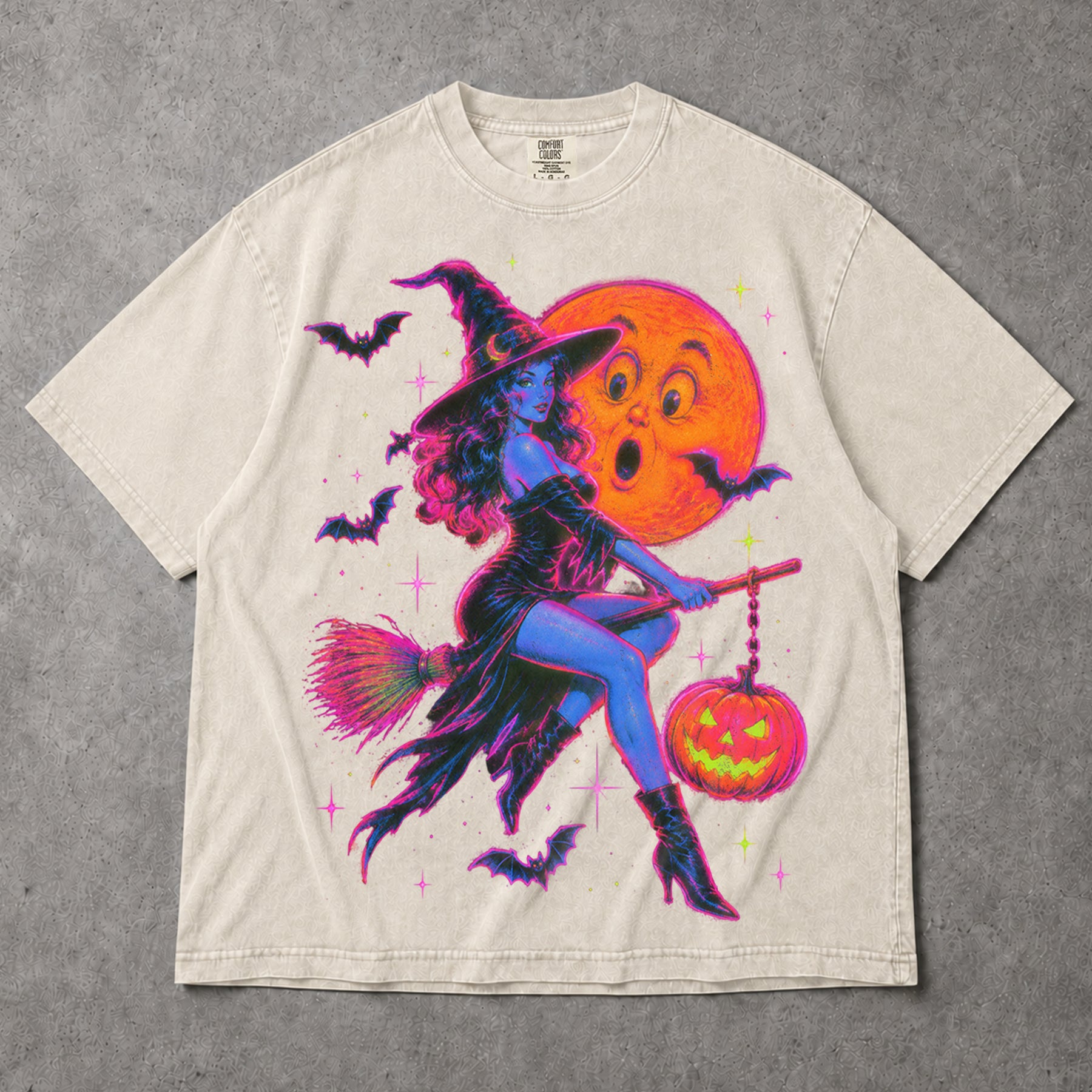 SF_COLOR=ivory; SF_ITEM=adult-t-shirt; SF_ROLE=gallery; Neon Witch Riding Broom T-Shirt Vintage Funny Moon Face Halloween Spooky Tee - Ivory Adult T-Shirt product image