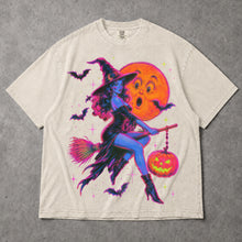SF_COLOR=ivory; SF_ITEM=adult-t-shirt; SF_ROLE=gallery; Neon Witch Riding Broom T-Shirt Vintage Funny Moon Face Halloween Spooky Tee - Ivory Adult T-Shirt product image