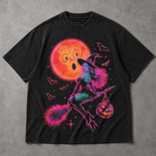 SF_COLOR=black; SF_ITEM=adult-t-shirt; SF_ROLE=main; Neon Witch Riding Broomstick T-Shirt Funny Surprised Moon Bats Halloween Tee - Black Adult T-Shirt product image