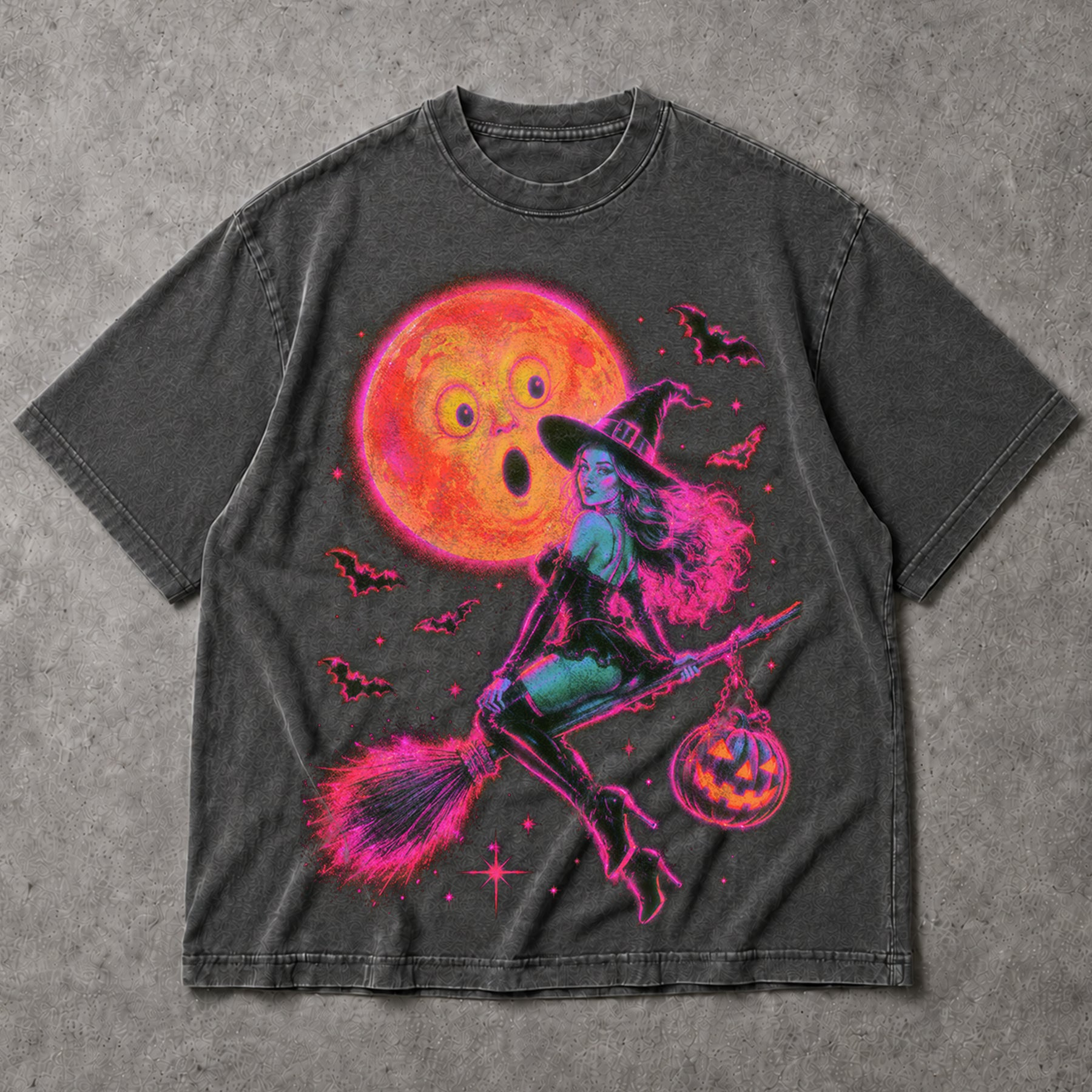 SF_COLOR=dark-heather; SF_ITEM=adult-t-shirt; SF_ROLE=main; Neon Witch Riding Broomstick T-Shirt Funny Surprised Moon Bats Halloween Tee - Dark Heather Adult T-Shirt product image