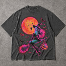 SF_COLOR=dark-heather; SF_ITEM=adult-t-shirt; SF_ROLE=main; Neon Witch Riding Broomstick T-Shirt Funny Surprised Moon Bats Halloween Tee - Dark Heather Adult T-Shirt product image