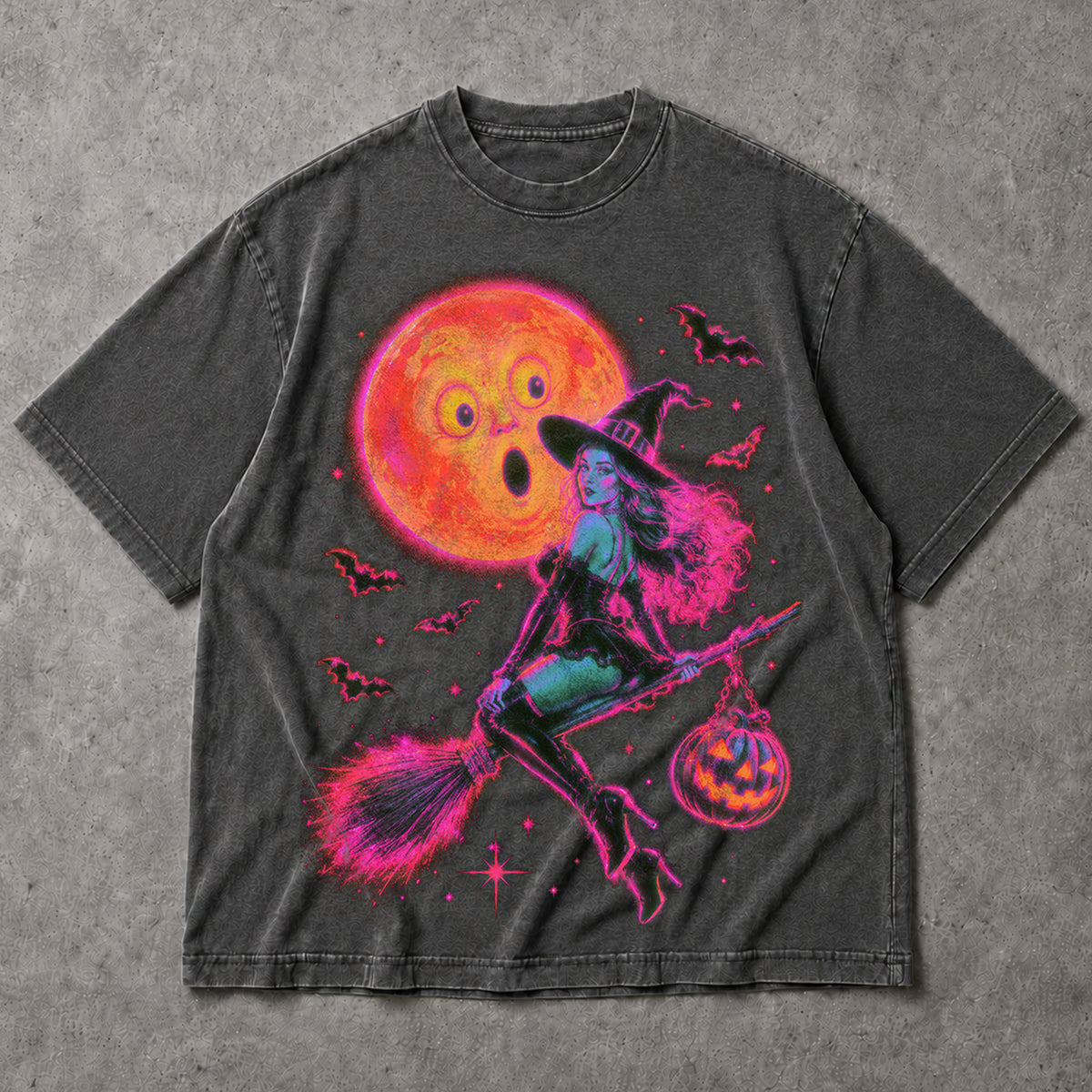 SF_COLOR=dark-heather; SF_ITEM=adult-t-shirt; SF_ROLE=main; Neon Witch Riding Broomstick T-Shirt Funny Surprised Moon Bats Halloween Tee - Dark Heather Adult T-Shirt product image