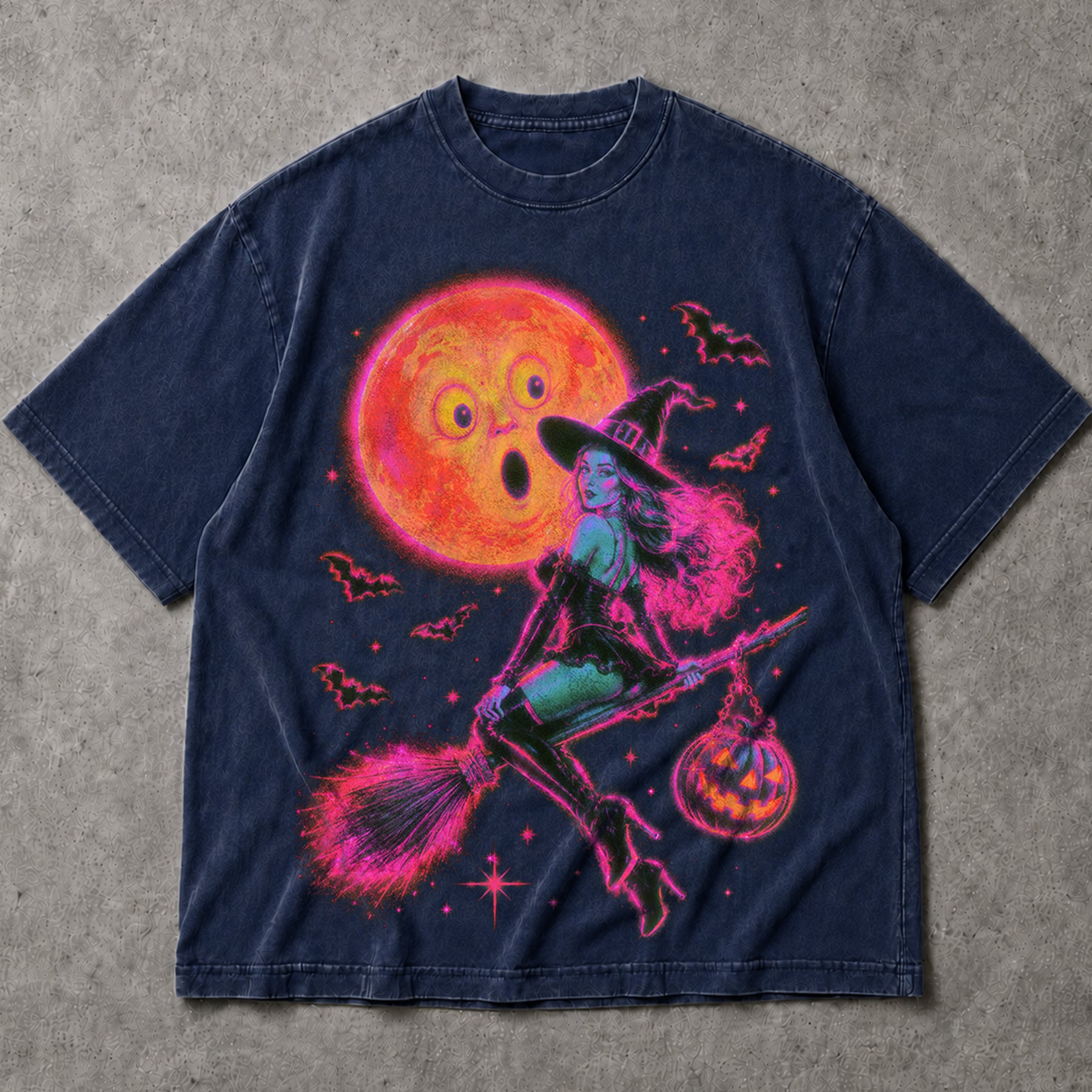 SF_COLOR=navy; SF_ITEM=adult-t-shirt; SF_ROLE=main; Neon Witch Riding Broomstick T-Shirt Funny Surprised Moon Bats Halloween Tee - Navy Adult T-Shirt product image