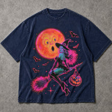 SF_COLOR=navy; SF_ITEM=adult-t-shirt; SF_ROLE=main; Neon Witch Riding Broomstick T-Shirt Funny Surprised Moon Bats Halloween Tee - Navy Adult T-Shirt product image