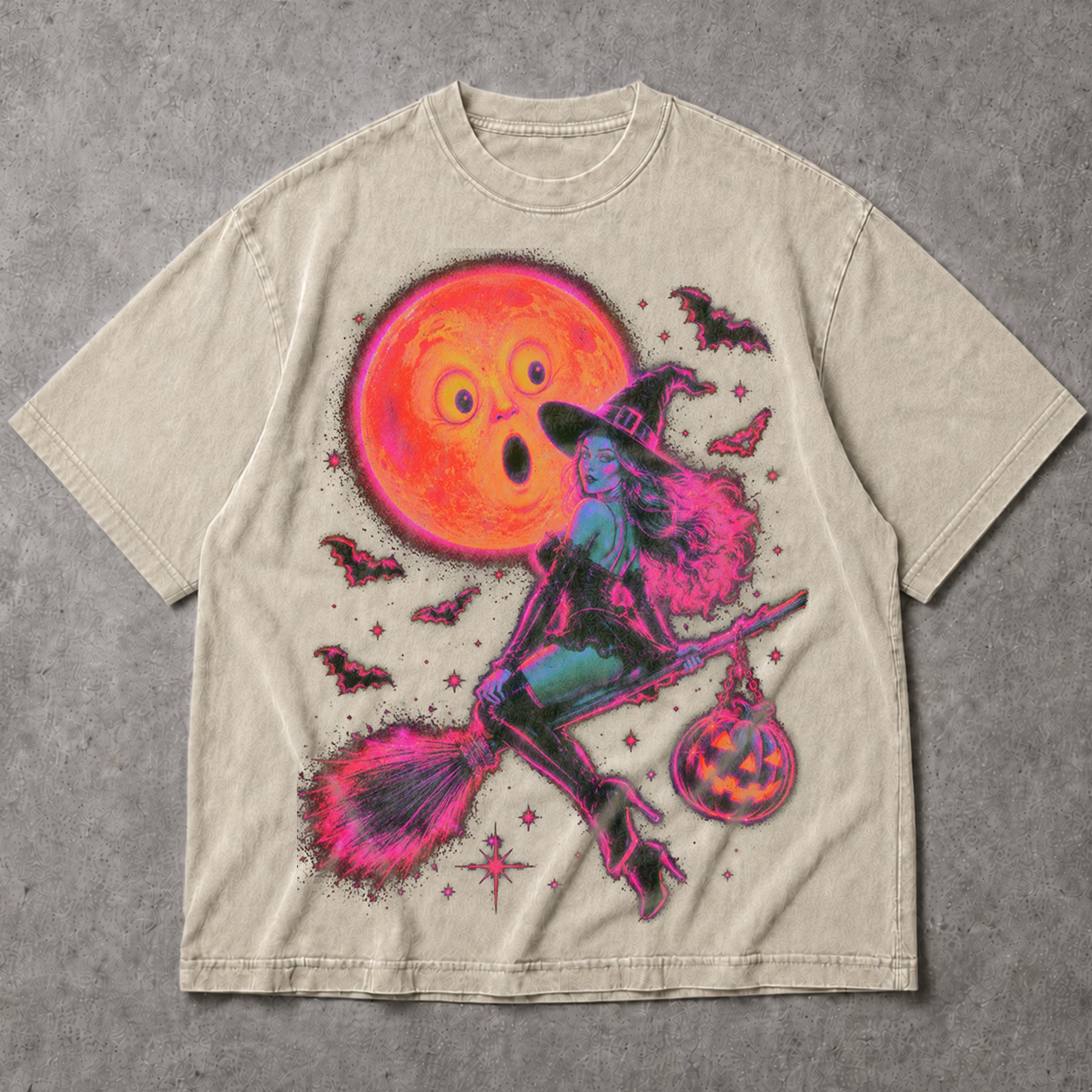 SF_COLOR=sand; SF_ITEM=adult-t-shirt; SF_ROLE=main; Neon Witch Riding Broomstick T-Shirt Funny Surprised Moon Bats Halloween Tee - Sand Adult T-Shirt product image