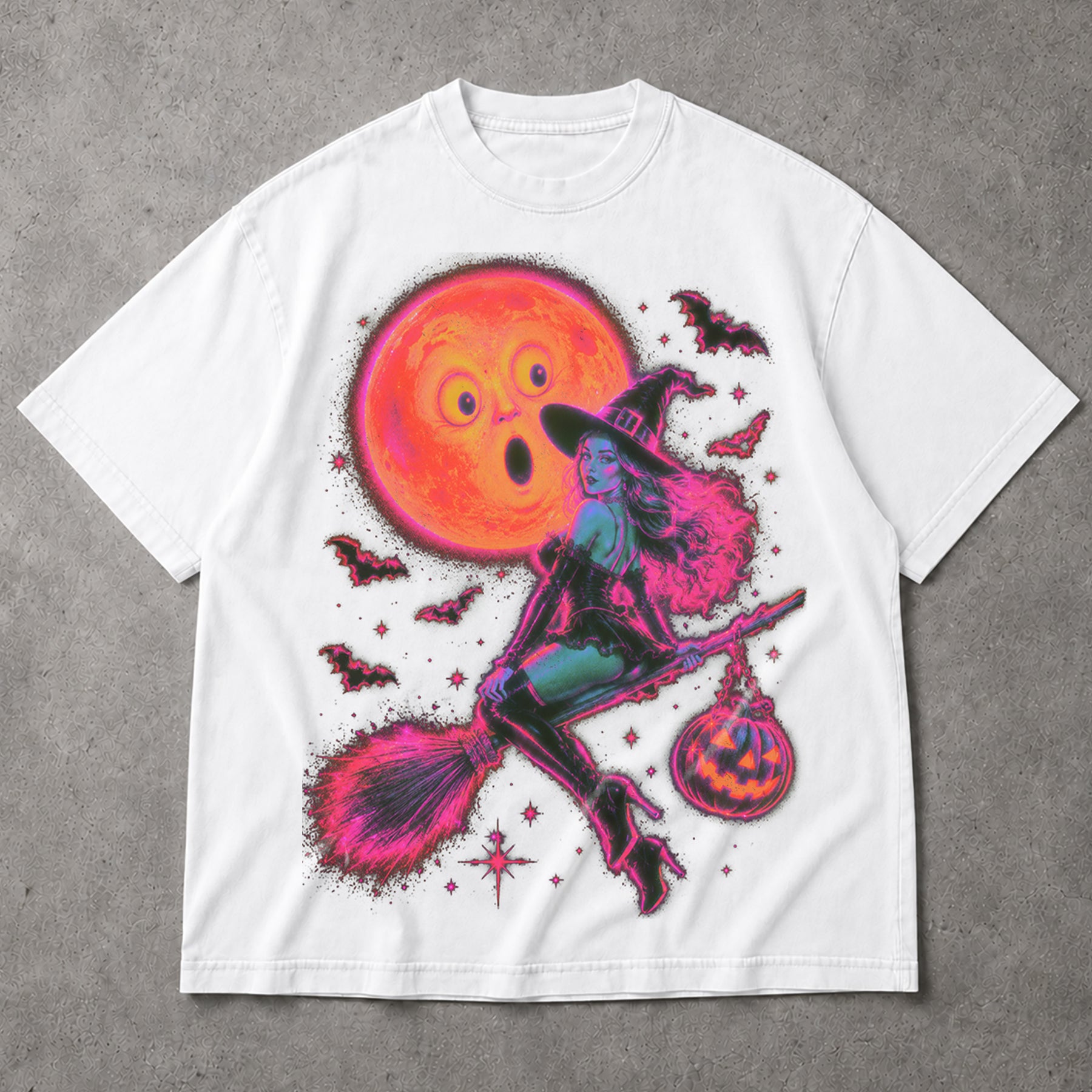 SF_COLOR=white; SF_ITEM=adult-t-shirt; SF_ROLE=main; Neon Witch Riding Broomstick T-Shirt Funny Surprised Moon Bats Halloween Tee - White Adult T-Shirt product image