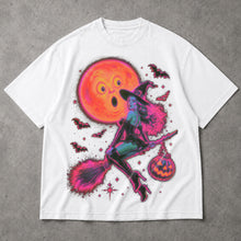 SF_COLOR=white; SF_ITEM=adult-t-shirt; SF_ROLE=main; Neon Witch Riding Broomstick T-Shirt Funny Surprised Moon Bats Halloween Tee - White Adult T-Shirt product image