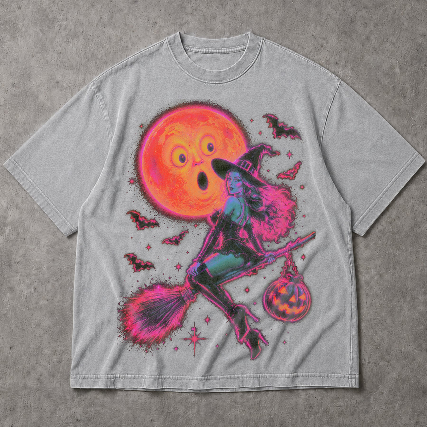 SF_COLOR=sport-grey; SF_ITEM=adult-t-shirt; SF_ROLE=main; Neon Witch Riding Broomstick T-Shirt Funny Surprised Moon Bats Halloween Tee - Sport Grey Adult T-Shirt product image