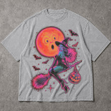 SF_COLOR=sport-grey; SF_ITEM=adult-t-shirt; SF_ROLE=main; Neon Witch Riding Broomstick T-Shirt Funny Surprised Moon Bats Halloween Tee - Sport Grey Adult T-Shirt product image