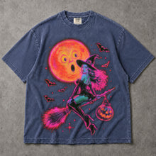 SF_COLOR=sport-grey|denim; SF_ITEM=adult-t-shirt; SF_ROLE=main; Neon Witch Riding Broomstick T-Shirt Funny Surprised Moon Bats Halloween Tee - Sport Grey, Denim Adult T-Shirt product image