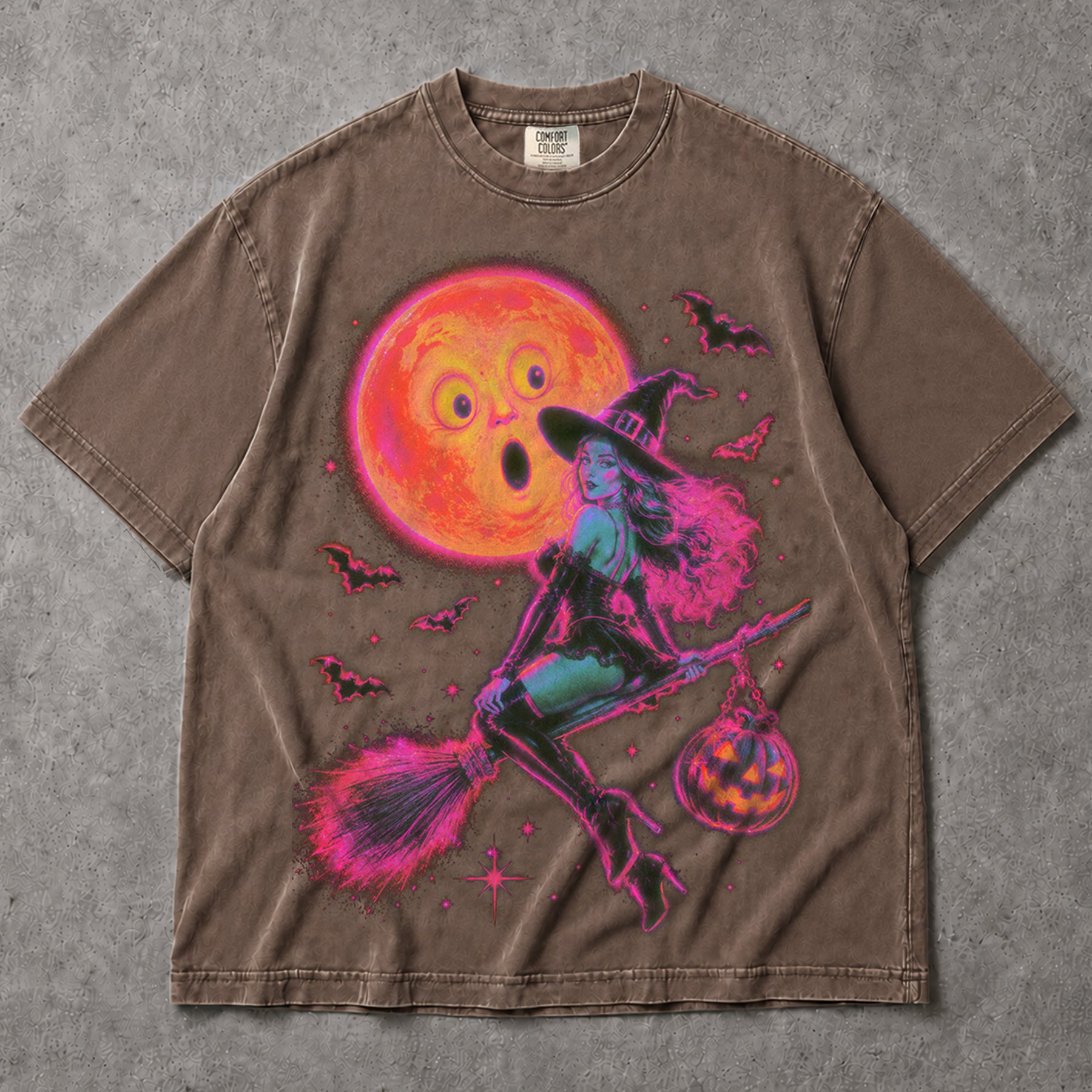 SF_COLOR=sport-grey|espresso; SF_ITEM=adult-t-shirt; SF_ROLE=main; Neon Witch Riding Broomstick T-Shirt Funny Surprised Moon Bats Halloween Tee - Sport Grey, Espresso Adult T-Shirt product image