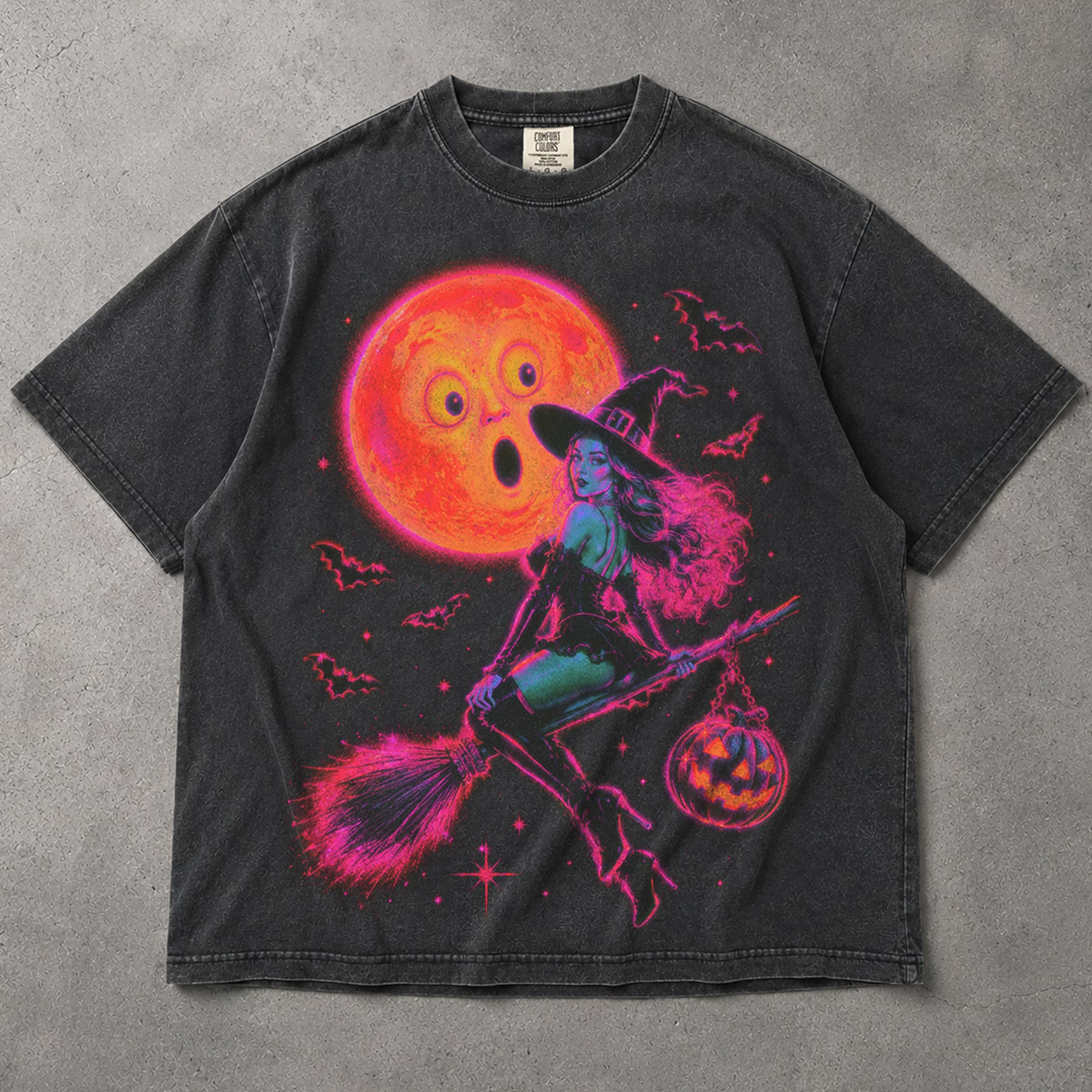 SF_COLOR=graphite; SF_ITEM=adult-t-shirt; SF_ROLE=main; Neon Witch Riding Broomstick T-Shirt Funny Surprised Moon Bats Halloween Tee - Graphite Adult T-Shirt product image