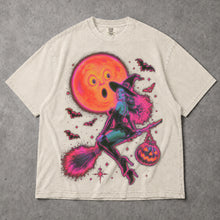 SF_COLOR=ivory; SF_ITEM=adult-t-shirt; SF_ROLE=gallery; Neon Witch Riding Broomstick T-Shirt Funny Surprised Moon Bats Halloween Tee - Ivory Adult T-Shirt product image