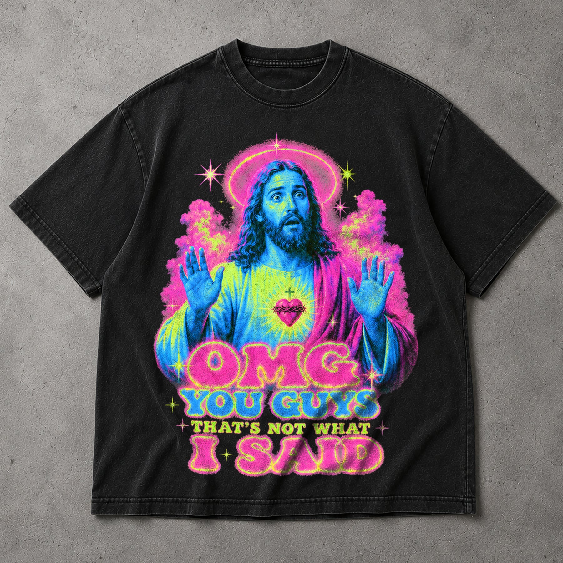 SF_COLOR=black; SF_ITEM=adult-t-shirt; SF_ROLE=main; OMG You Guys Thats Not What I Said T-Shirt Funny Jesus Retro Neon Humor Tee - Black Adult T-Shirt product image