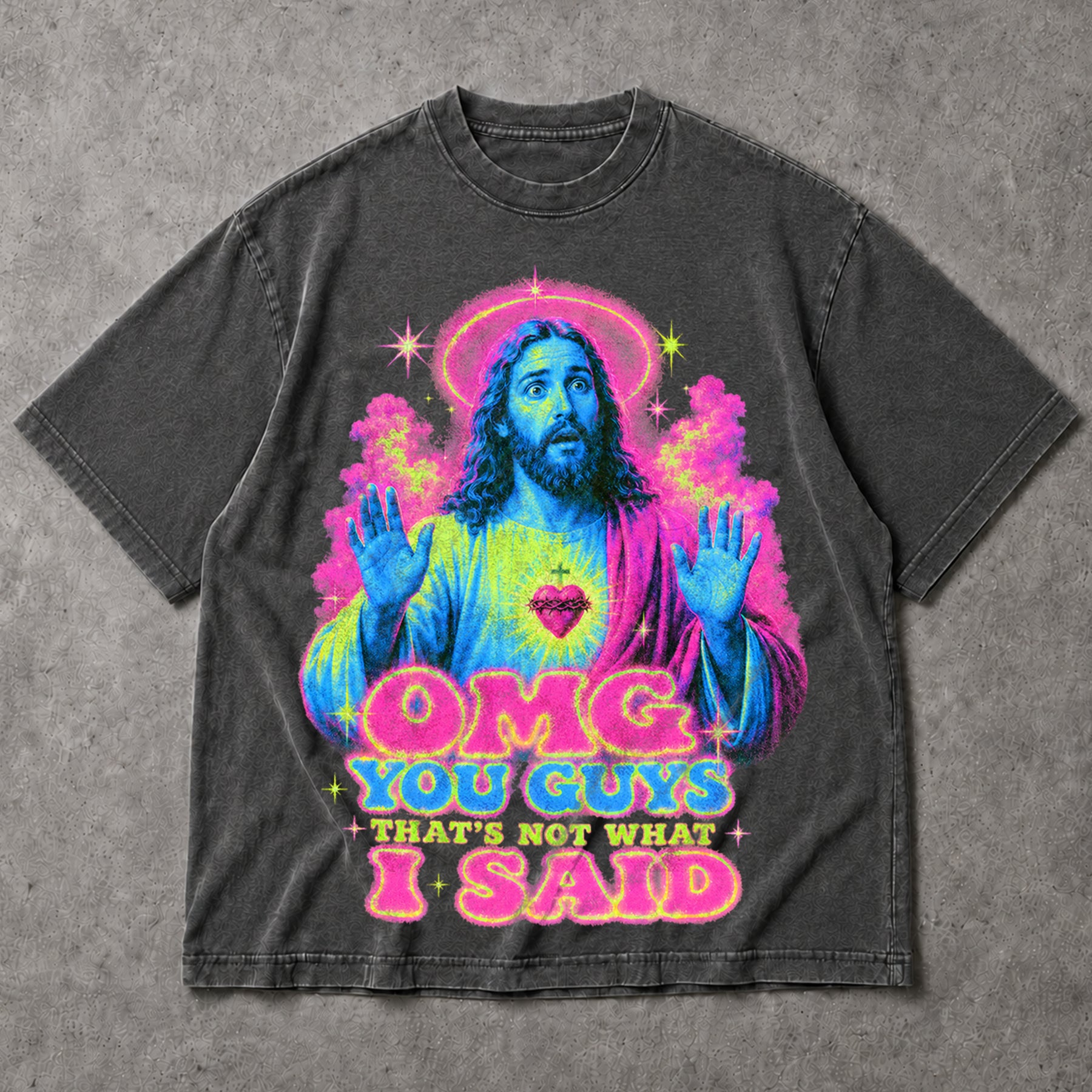 SF_COLOR=dark-heather; SF_ITEM=adult-t-shirt; SF_ROLE=main; OMG You Guys Thats Not What I Said T-Shirt Funny Jesus Retro Neon Humor Tee - Dark Heather Adult T-Shirt product image