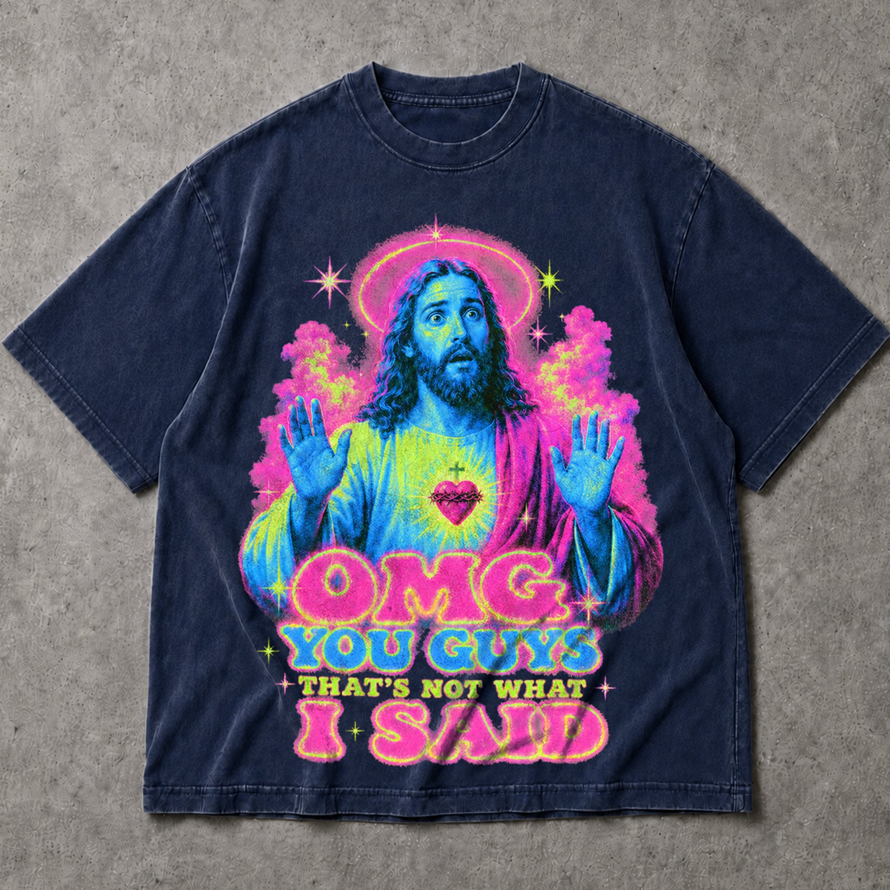 SF_COLOR=navy; SF_ITEM=adult-t-shirt; SF_ROLE=main; OMG You Guys Thats Not What I Said T-Shirt Funny Jesus Retro Neon Humor Tee - Navy Adult T-Shirt product image