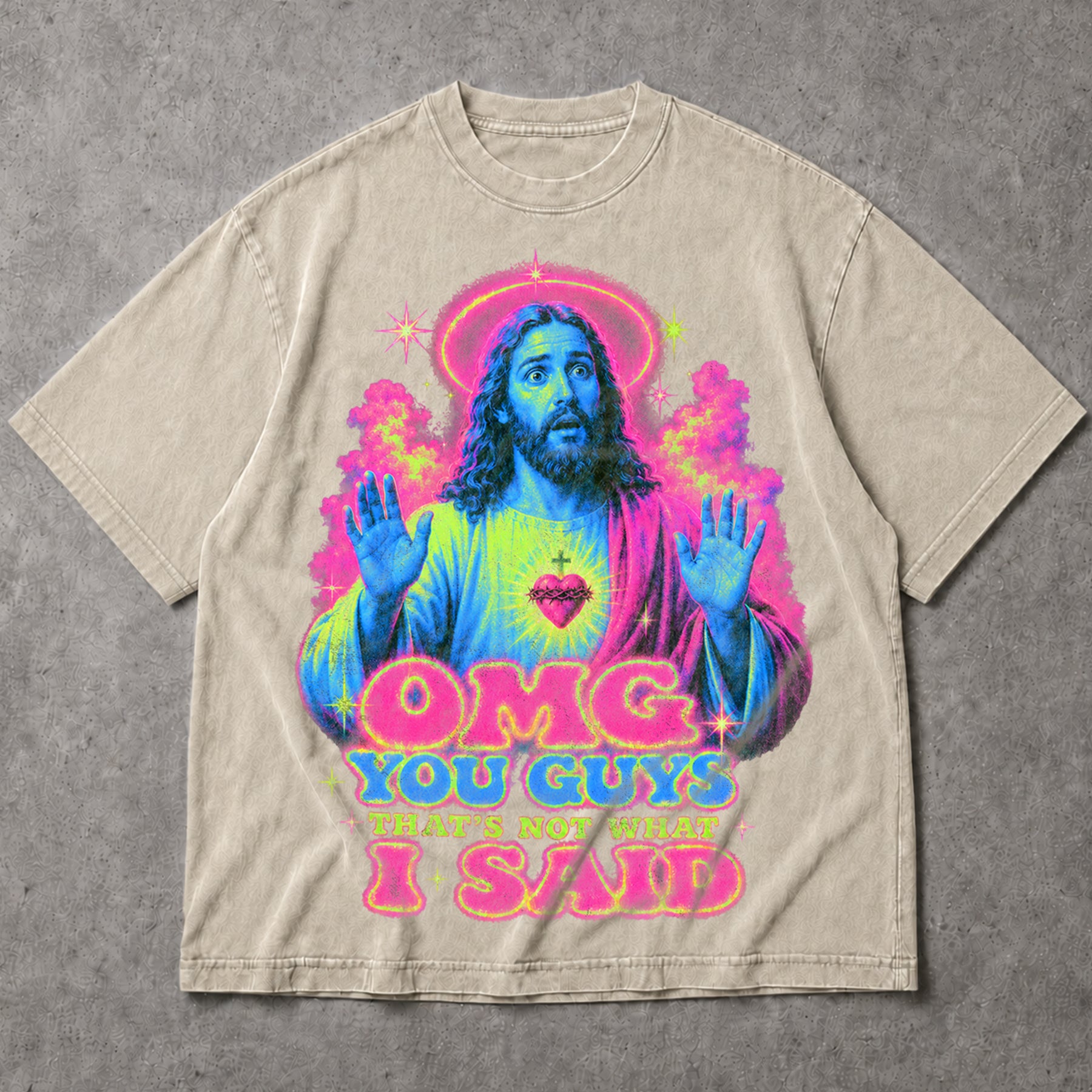 SF_COLOR=sand; SF_ITEM=adult-t-shirt; SF_ROLE=main; OMG You Guys Thats Not What I Said T-Shirt Funny Jesus Retro Neon Humor Tee - Sand Adult T-Shirt product image
