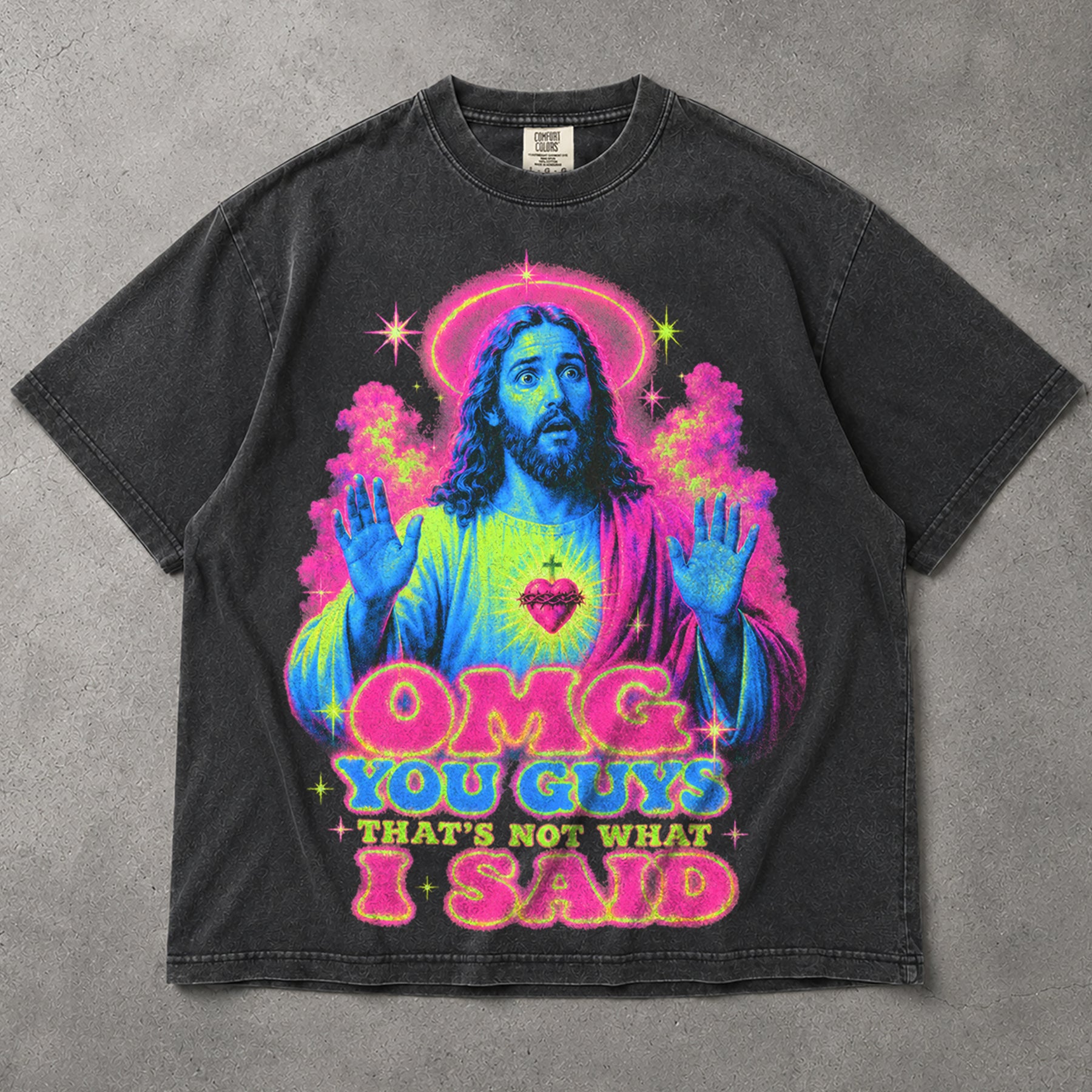 SF_COLOR=graphite; SF_ITEM=adult-t-shirt; SF_ROLE=main; OMG You Guys Thats Not What I Said T-Shirt Funny Jesus Retro Neon Humor Tee - Graphite Adult T-Shirt product image