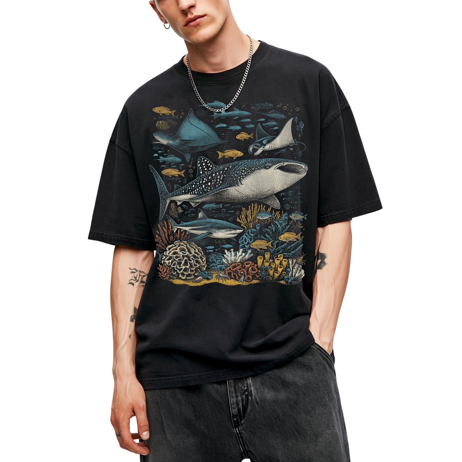 SF_COLOR=black; SF_ITEM=adult-t-shirt; SF_ROLE=main; Ocean Life Whale Shark Stingray Marine Fish T-Shirt Underwater Sea Creature Tee - Black Adult T-Shirt product image