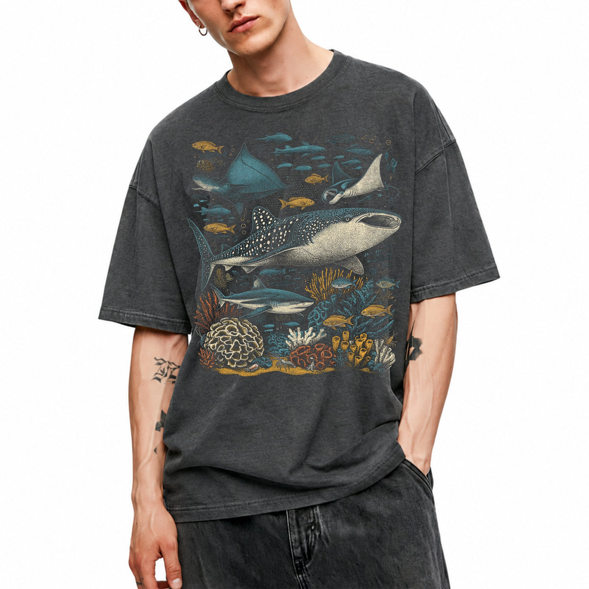 SF_COLOR=dark-heather; SF_ITEM=adult-t-shirt; SF_ROLE=main; Ocean Life Whale Shark Stingray Marine Fish T-Shirt Underwater Sea Creature Tee - Dark Heather Adult T-Shirt product image