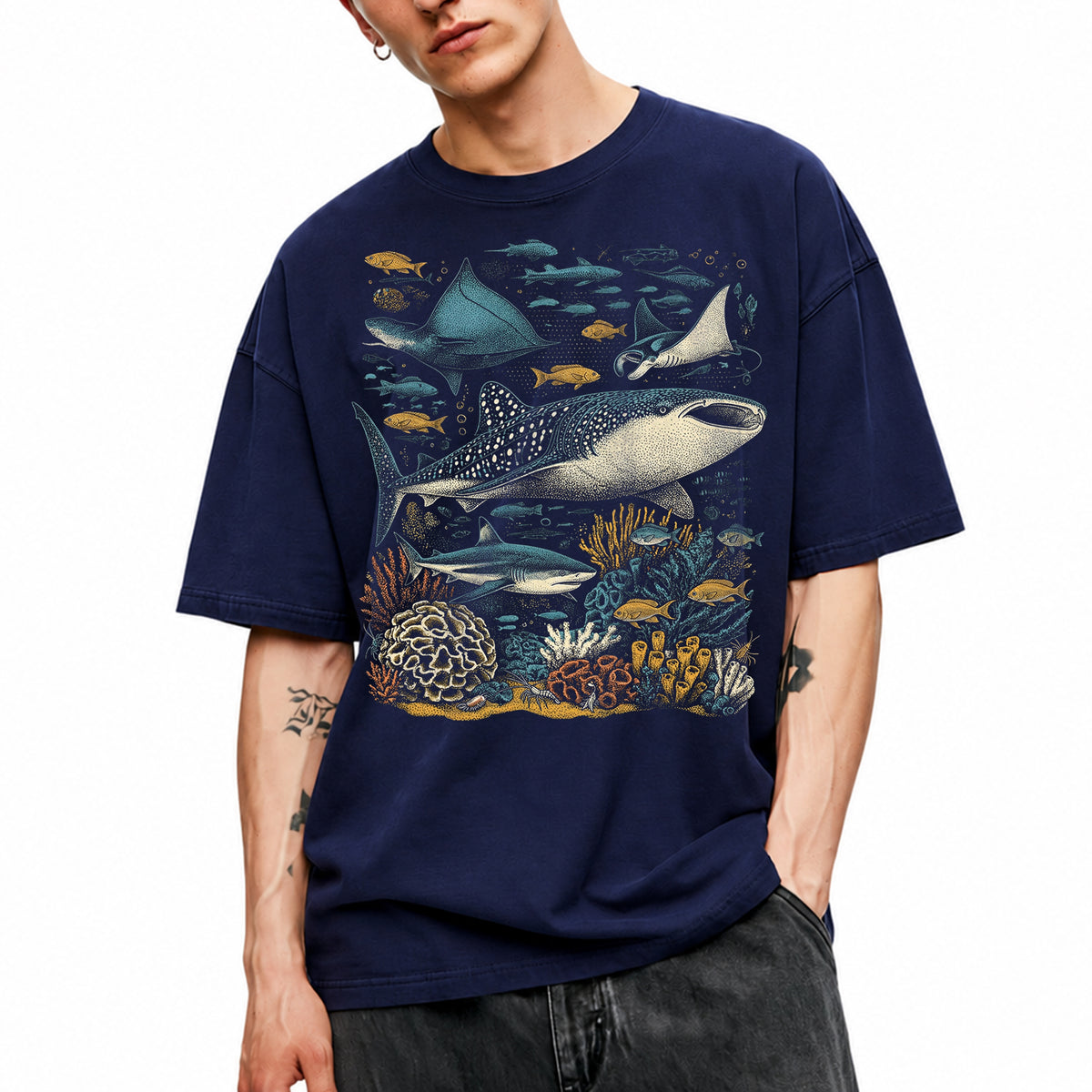 SF_COLOR=navy; SF_ITEM=adult-t-shirt; SF_ROLE=main; Ocean Life Whale Shark Stingray Marine Fish T-Shirt Underwater Sea Creature Tee - Navy Adult T-Shirt product image