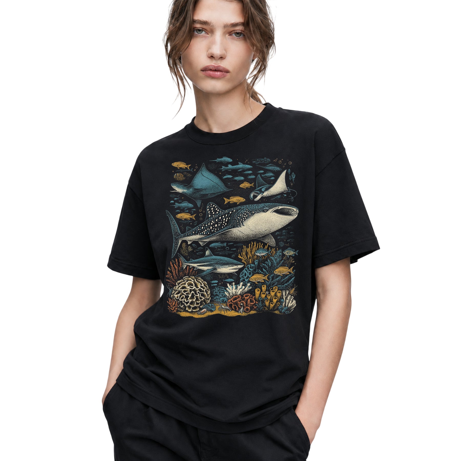 SF_COLOR=black; SF_ITEM=adult-t-shirt; SF_ROLE=gallery; Ocean Life Whale Shark Stingray Marine Fish T-Shirt Underwater Sea Creature Tee - Black Adult T-Shirt product image