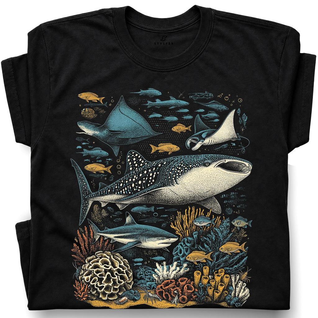 SF_COLOR=black; SF_ITEM=adult-t-shirt; SF_ROLE=gallery; Ocean Life Whale Shark Stingray Marine Fish T-Shirt Underwater Sea Creature Tee - Black Adult T-Shirt product image