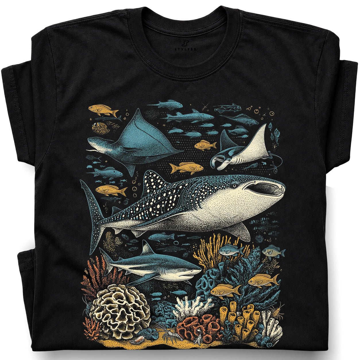 SF_COLOR=black; SF_ITEM=adult-t-shirt; SF_ROLE=gallery; Ocean Life Whale Shark Stingray Marine Fish T-Shirt Underwater Sea Creature Tee - Black Adult T-Shirt product image
