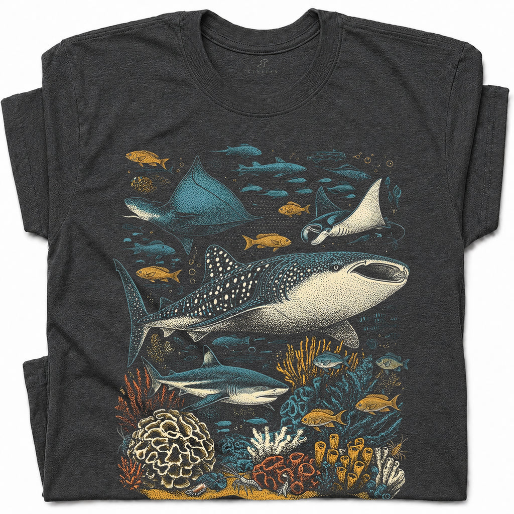 SF_COLOR=dark-heather; SF_ITEM=adult-t-shirt; SF_ROLE=gallery; Ocean Life Whale Shark Stingray Marine Fish T-Shirt Underwater Sea Creature Tee - Dark Heather Adult T-Shirt product image