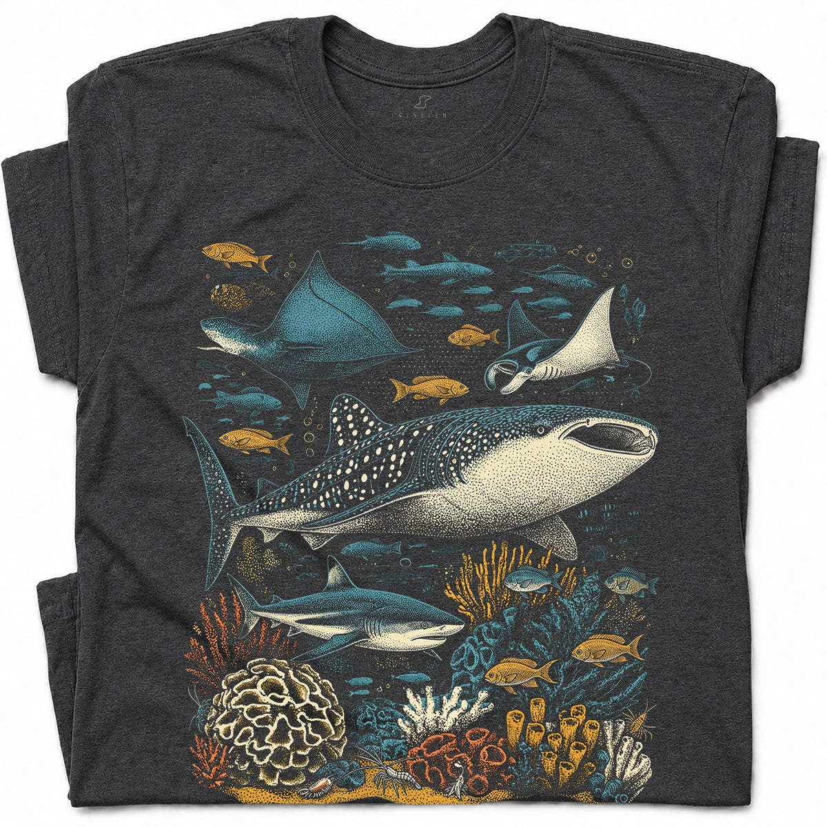 SF_COLOR=dark-heather; SF_ITEM=adult-t-shirt; SF_ROLE=gallery; Ocean Life Whale Shark Stingray Marine Fish T-Shirt Underwater Sea Creature Tee - Dark Heather Adult T-Shirt product image