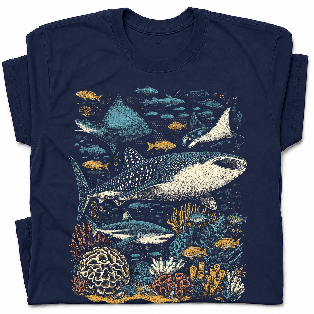 SF_COLOR=navy; SF_ITEM=adult-t-shirt; SF_ROLE=gallery; Ocean Life Whale Shark Stingray Marine Fish T-Shirt Underwater Sea Creature Tee - Navy Adult T-Shirt product image