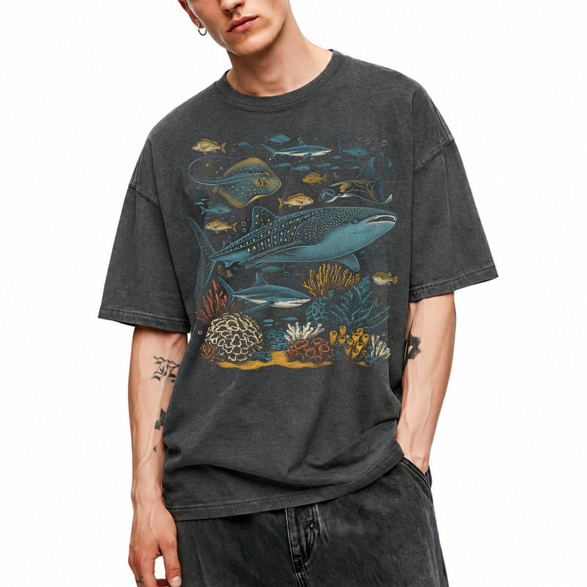 SF_COLOR=dark-heather; SF_ITEM=adult-t-shirt; SF_ROLE=main; Ocean Sea Life Whale Shark Coral Reef Fish T-Shirt Marine Biology Diver Tee - Dark Heather Adult T-Shirt product image