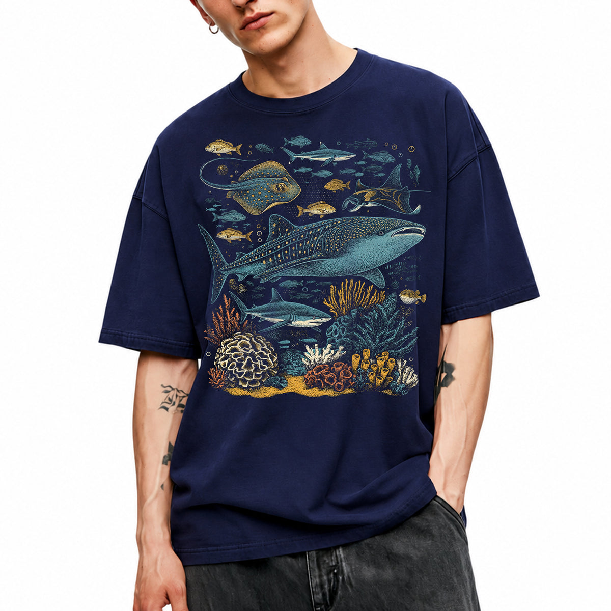 SF_COLOR=navy; SF_ITEM=adult-t-shirt; SF_ROLE=main; Ocean Sea Life Whale Shark Coral Reef Fish T-Shirt Marine Biology Diver Tee - Navy Adult T-Shirt product image