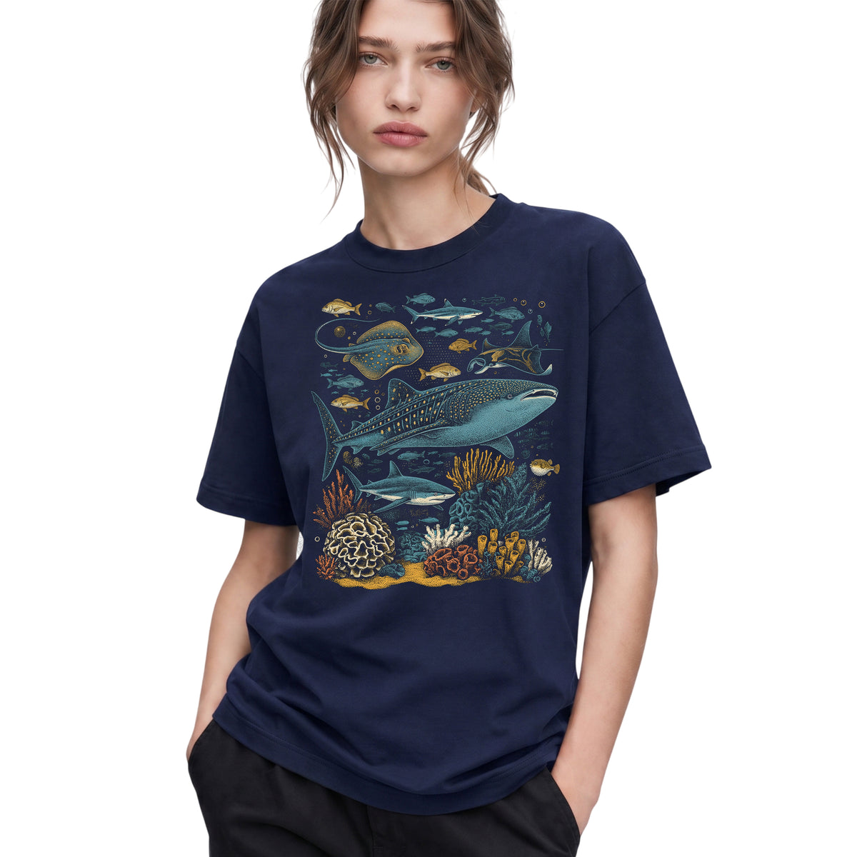 SF_COLOR=navy; SF_ITEM=adult-t-shirt; SF_ROLE=gallery; Ocean Sea Life Whale Shark Coral Reef Fish T-Shirt Marine Biology Diver Tee - Navy Adult T-Shirt product image