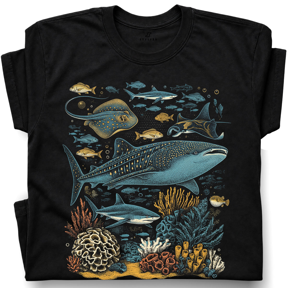 SF_COLOR=black; SF_ITEM=adult-t-shirt; SF_ROLE=gallery; Ocean Sea Life Whale Shark Coral Reef Fish T-Shirt Marine Biology Diver Tee - Black Adult T-Shirt product image