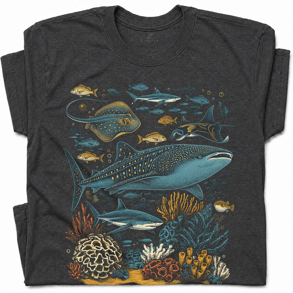 SF_COLOR=dark-heather; SF_ITEM=adult-t-shirt; SF_ROLE=gallery; Ocean Sea Life Whale Shark Coral Reef Fish T-Shirt Marine Biology Diver Tee - Dark Heather Adult T-Shirt product image