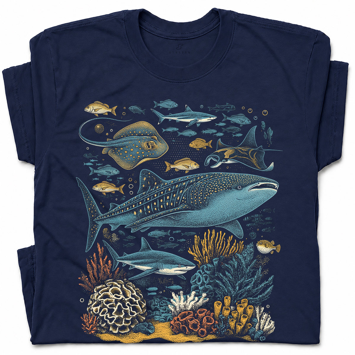SF_COLOR=navy; SF_ITEM=adult-t-shirt; SF_ROLE=gallery; Ocean Sea Life Whale Shark Coral Reef Fish T-Shirt Marine Biology Diver Tee - Navy Adult T-Shirt product image
